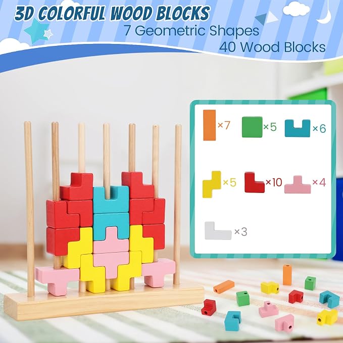 Wooden Stacking Puzzle Toy, 3D Colorful Wood Russian Blocks Puzzle Games Brain Teasers Montessori Toys for Toddler Kids 3 4 5 6 7 Years Old Boys Girls (Colorful B)