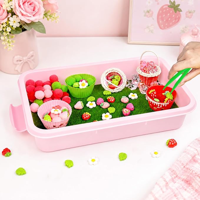 Cinrobiye 192 Pcs Strawberry Theme Activity Fillers Set with Storage Box, Summer Fruit Accessories, Artificial Grass Mat, Flowers, Pompoms & Decorative Materials for Classroom Activities, Home Project