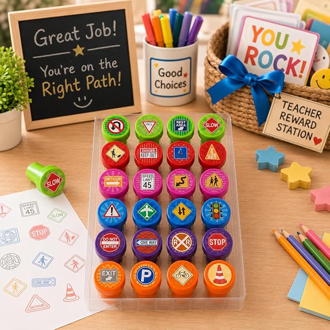 Cinrobiye 24 Pcs Traffic Sign Stampers Party Favor Set, Cute Road Safety Stamps for Kids Birthday Party, Classroom Rewards, Learning Activities, Goody Bag Fillers, Educational Party Supplies
