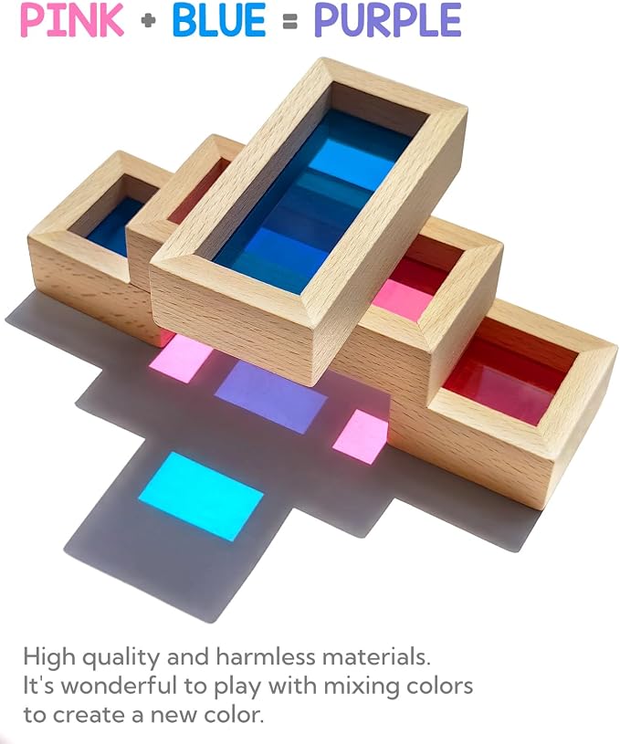 Wooden Blocks, Acrylic Windows, 24pc, 4 Colors, 6 Shapes | Educational Montessori play for ages 18M+; stack acrylic windows to mix colors and create new hues; build houses & towers.