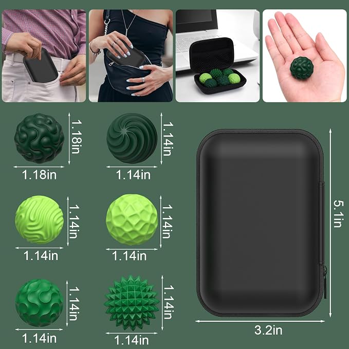 BUSOHA Silicone Magnetic Fidget Balls - 6 Pack Fidget Toys for Adult | Six Unique Textures Sensory Support,Quiet and Silent Stress Relief,Lightweight,Office,Travel,Anxiety,ADHD,Green