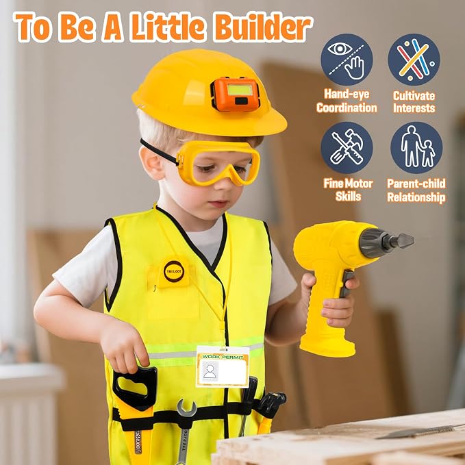 HUUIDY Construction Worker Costume with Electric Drill for Kids Ages 4-12 | Kids Dress Up Clothes Include Safety Vest and Hat, Helmet Light for Halloween Party, Career Day, Pretend Play, Birthday Gift