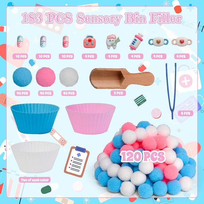 183pcs Doctor Play Set Sensory Bin Filler Fine Motor Toys Pretend Play Doctor Kit Sensory Bin Items Toy Capsules Tooth Model Doctor Toy Bag Face Mask Toy Pretend Shot for Preschool Education Activity