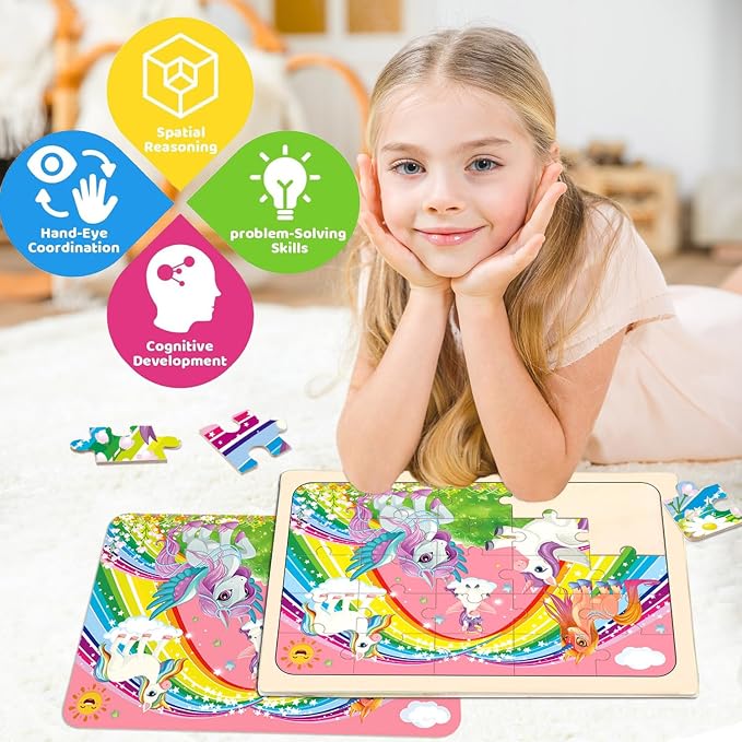 Wooden Jigsaw Puzzles for Kids Ages 4-6, 4-Pack 24-Piece Castle Puzzles Toy | Wood Puzzles Set, Toddler Brain Teaser Toys, Gifts for Boys Girls Ages 3 4 5 6