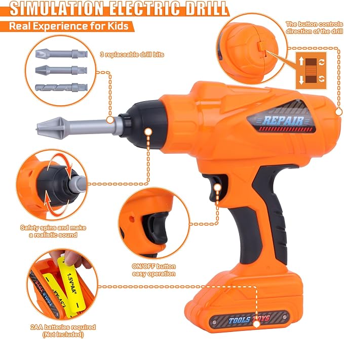 Magic4U Kids Tool Set, 52PCS Toddler Toolbag with Electric Drill, Tool Belt | Electric Drill with 3 bits, Pretend Play Construction Toys Costume Adjustable Tool Belt, Gloves and Goggles for Age 3-8