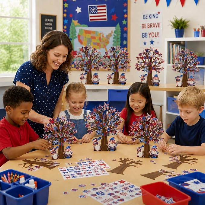 Cinrobiye 30 Set 4th of July Craft Kit, DIY Patriotic Tree Craft Activity for Independence Day Classroom Activities, USA Party Favors, Holiday Decorations and Summer Crafts