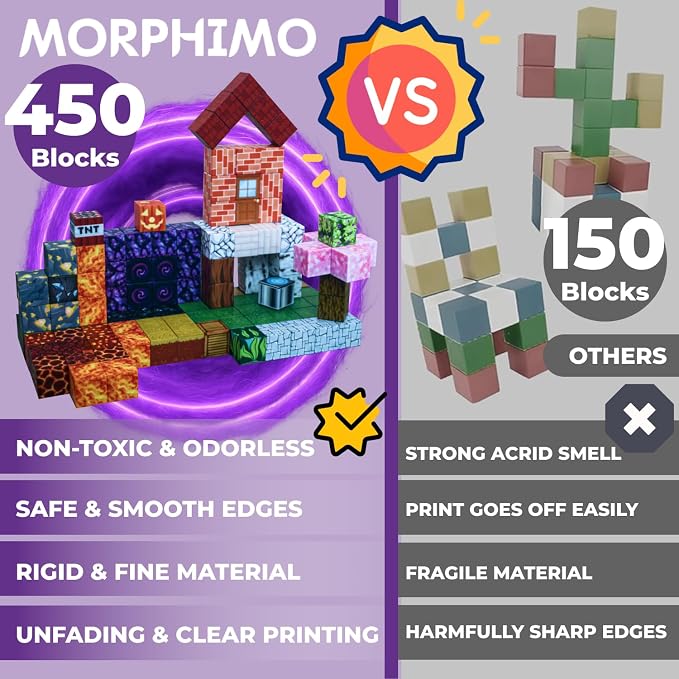 450 PCS Magnetic Building Blocks Set - Big STEM & Sensory Toy for Kids - Stacking Magnets - Instruction Book & Fabric Storage Bag - Shared Play Toy for Siblings & Friends