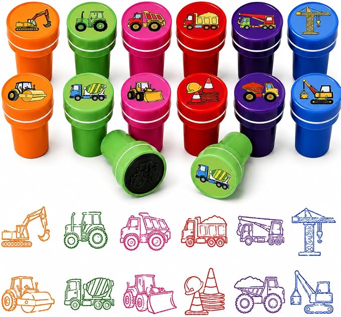 Cinrobiye 24 Pcs Construction Vehicle Stampers Party Favor Set, Cute Building Truck Stamps for Kids Birthday Party, Classroom Rewards, Carnival Prizes, Goody Bag Fillers, Themed Party Supplies