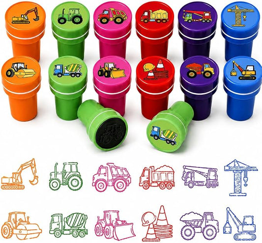 Cinrobiye 24 Pcs Construction Vehicle Stampers Party Favor Set, Cute Building Truck Stamps for Kids Birthday Party, Classroom Rewards, Carnival Prizes, Goody Bag Fillers, Themed Party Supplies