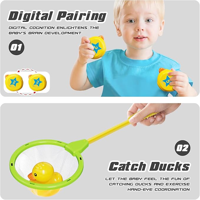 Duck Matching Game Toys for Kids - 20 Plastic Ducks with Numbers,34" x 7" Kiddie Pool | Storage Bag, 2 Nets - Fun Memory Games - Water Outdoor Game for Children,Preschoolers,Birthday Party Carnival
