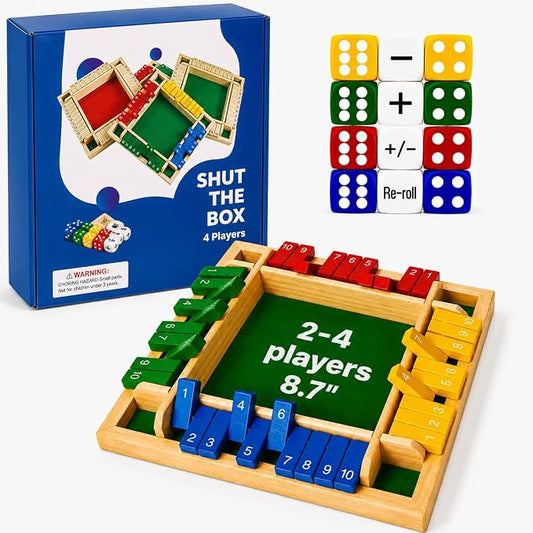 Shut The Box Dice Game for 2-4 Player Wooden Dice Game Math Games Close The Box Family Dice Board Games for Kids Adults, Tabletop Version Games for Classroom, Home, Easter Day, Party or Pub