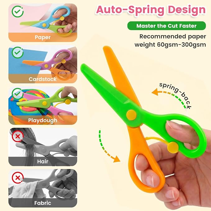 Koogel Toddler Scissors Practice Kit, 2 Safety Scissors & 120 Craft Papers | Ages 3+, Blunt Tip, Cutting for Early Preschool Development Tools, Hand-Eye Coordination, Learn to Cut Line Skill