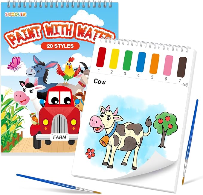 SOCOLER Paint with Water Coloring Books for Toddlers,Mess Free Watercolor Painting Papers for Kids Water Color Paint Kit Art Craft Birthday Gift for Ages 1-3, 4-8(Farm)