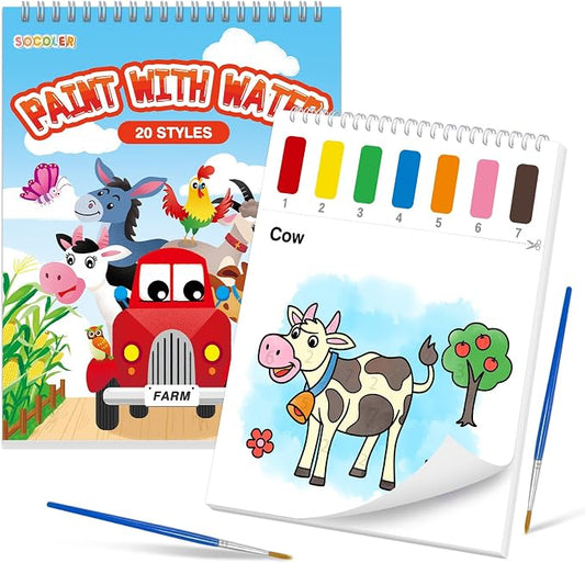 SOCOLER Paint with Water Coloring Books for Toddlers,Mess Free Watercolor Painting Papers for Kids Water Color Paint Kit Art Craft Birthday Gift for Ages 1-3, 4-8(Farm)