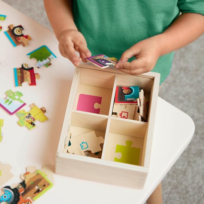B. toys Wooden Puzzle Set, Pack o' Puzzles Trucks, 4 x 12 Pieces, Wood Toys | 4 truck-themed wooden with storage box, color-coded backs, easy-hold pieces, 48 puzzle pieces, Trucks, Wood Toys, 3+ Years