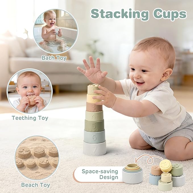 Baby Toys 6-12 Months,Montessori Toys for Babies,Stacking Cups,Shape Sorter | Sorting & Stacking Toys, Sensory Balls, Silicone Teething Toys for 6+ Months, Newborn Toys, Neutral Color Gift for Boys Girls