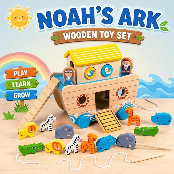 WOODENFUN Wooden Noah's Ark Toy for Toddlers, Baptism Christening Gift | Montessori Educational Toy, Animal Shape Sorter, Christian Toys, Birthday Gift for Boys Girls 3 Years Old
