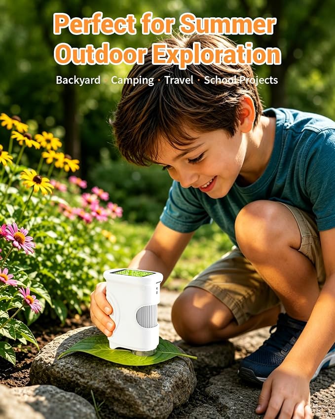 Handheld Microscope for Kids with 2.0" IPS Screen Digital Outdoor Gifts | Portable STEM Science Lab Toy, Rechargeable Pocket Microscope Age 8-12 Educational Gift for Boys & Girls, White