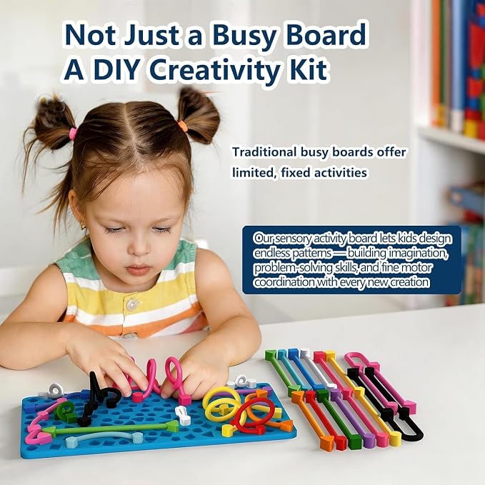 Silicone Sensory Board Fidget Toy Kids ADHD Anxiety 12 Strings Travel Bag | Food grade odorless silicone quiet compact handheld helps train kids fine motor skills for classroom car travel calming