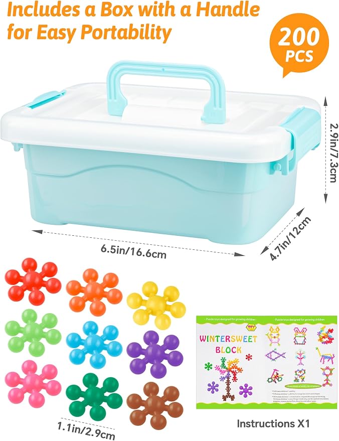 200PCS Building Blocks STEM Construction Toy for Kids 3+, Multi-Color | Interlocking Snowflake Discs in BPA-Free Plastic with Storage Case – Boosts Fine Motor Skills & Creative Play