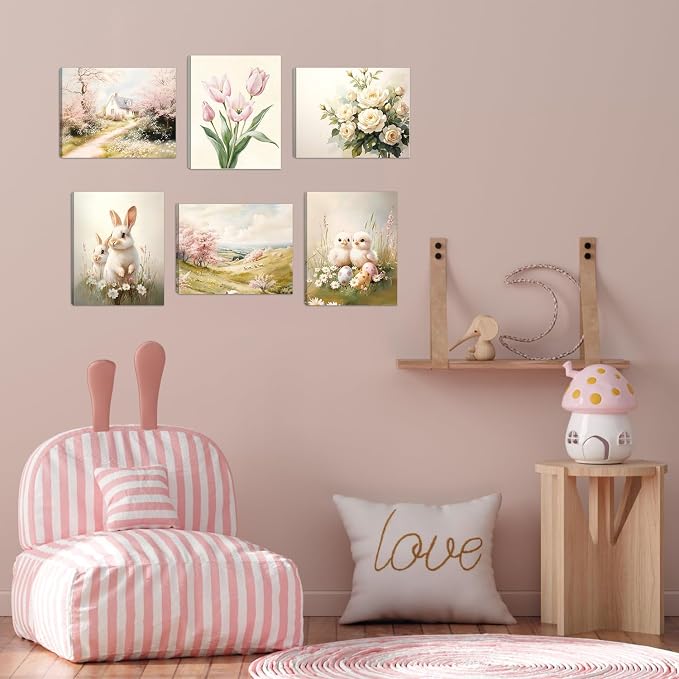 HOURIA 6Pcs Framed Spring Canvas Wall Art(8”x10”), Eggs Bunny Chicks Easter Wall Decor, Vintage Spring Tulip Floral Wildflowers Cottage Landscape Art Prints for Farmhouse Living Room Bedroom Nursery