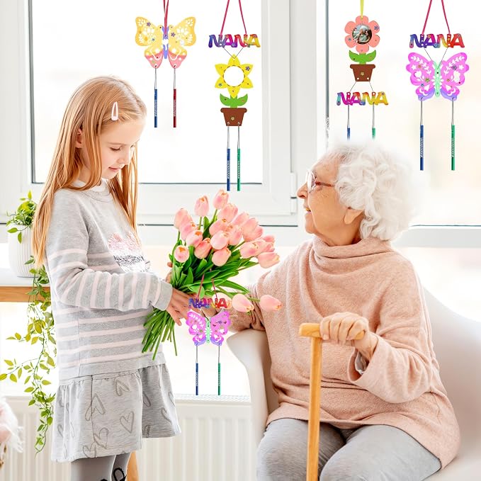 Fennoral 12 Pack Wind Chime Craft Kit for Grandma Make You Own for Nana from Granddaughter Grandson Grandchildren Grandkids Wooden DIY Coloring Mothers Day Art and Craft for Kids