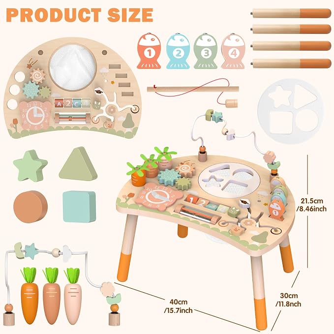 Weilim Activity Table for 18 Months+, 9-in-1 Wooden Montessori Toddler Toy | Bead Maze, Magnetic Fishing Game, Shape Sorter, Spinning Gears, Teach-Time Clock, Animal Maze, Carrot Harvest and More