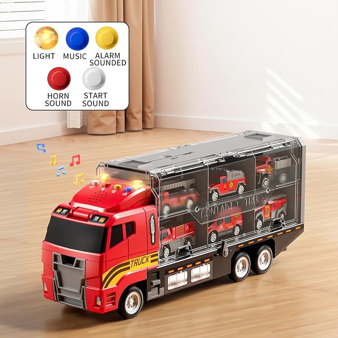 NIPLOOOW Toddler Boys Toys for 3-5 Years Old, Fire Truck Vehicle Set with Play Mat and Die-Cast Toy Car, Transport Carrier Truck for Kids 3-5, Birthday Gifts Toys for 3-8+ Year Old Boys