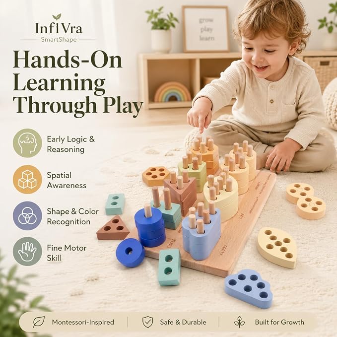 SmartShape — Montessori Wooden Shape Sorter with Cloud, Leaf & Infinity Shapes, Progressive 1-to-8 Peg Stacking Board for Toddlers 1-5, Fine Motor Learning Toy & Heirloom Gift