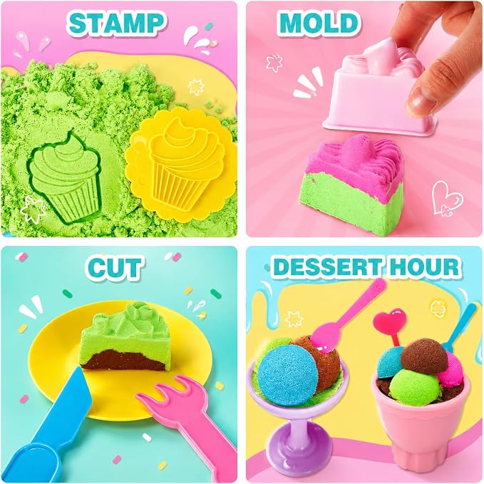 Carolart Cake Sensory Bin, Sand Baking Toys for Kids, Play Cake Sand Kit | Ice cream and dessert sensory play with colorful sensory sand, pretend bakery activity, gift for kids ages 3-8