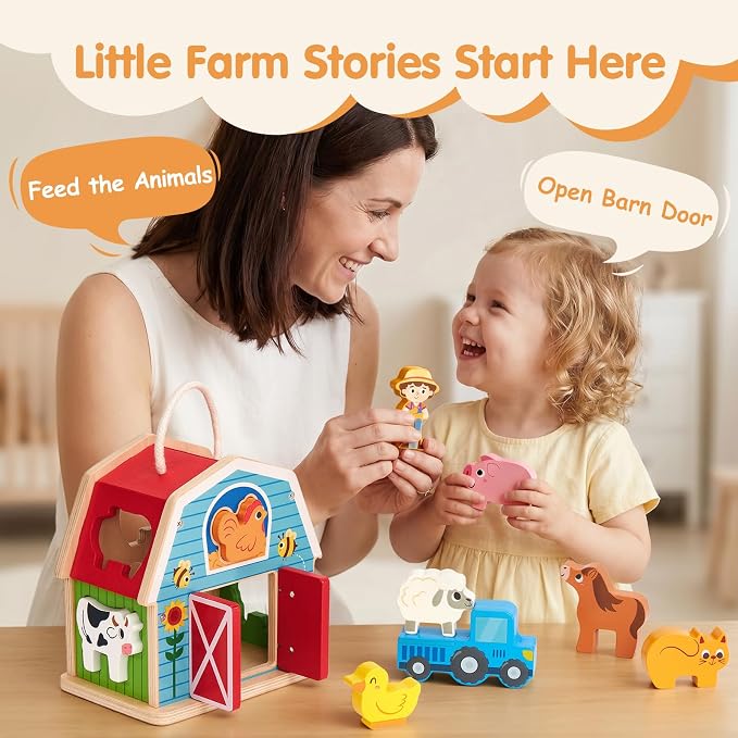 hahaland Wooden Montessori Toys Farm Animals Barn for Toddlers 1-3 | Shape Sorter Sorting & Stacking Learning Toy for 1 2 3 Year Old Boys Girls, Educational Toy Christmas Birthday Gift