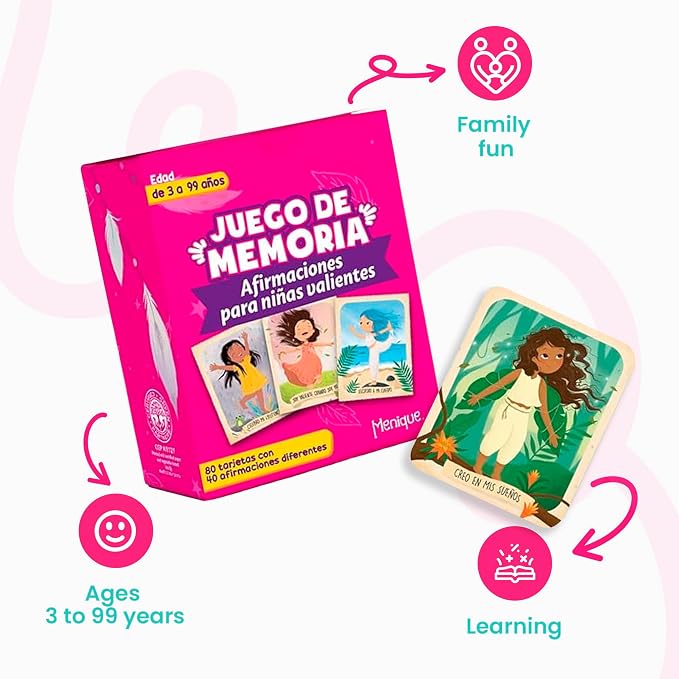 Menique Brilla Memory Matching Game – Spanish Edition – 80 Cards (40 Pairs) with Positive Affirmations for Brave Girls – Mindful Matching Game in Spanish for Confidence and Self-Love