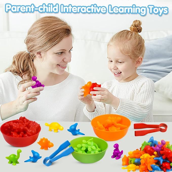 GKDOMS Counting Dinosaurs Toys Matching Game with Sorting Bowls Preschool Learning Activities Montessori Sensory Toys for Math Color Sorting, Party Favors Birthday Gift for Toddlers