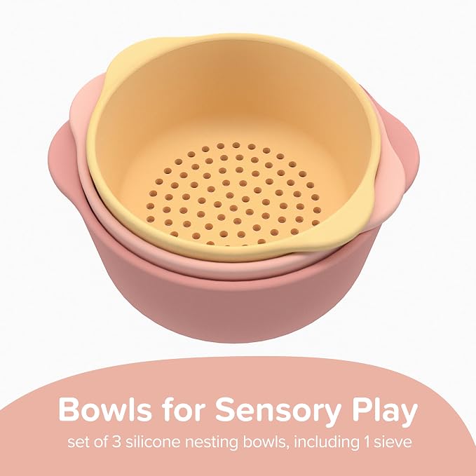 3 x Silicone Coral Nesting Bowls for Kids Plus Water and Sand Sieve | Kids Bowls Sensory Play | Messy Play and Water Play Accessories | Suitable for 10 Months Plus | Tuff Tray Accessories