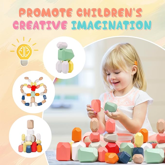 36PCS Wooden Stacking Rocks, Montessori Toys for 3 4 5 Year Old | Building Blocks Game Sensory Preschool Learning Activities Toys, Balancing Stones Birthday Gifts for Kids Girls Boys