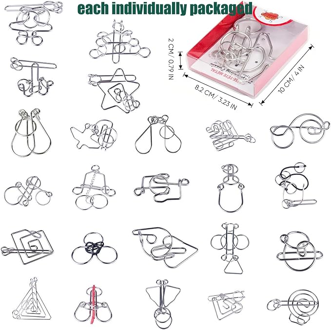 24 Pack Metal Wire Puzzles for Adults & Kids - IQ Brain Teaser Stress Relief Toys, Classic Interlocking Logic Games with Gift Box, Gift for Puzzle Lovers