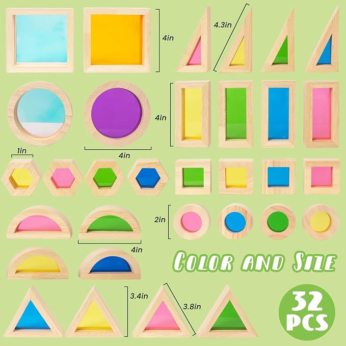 WOODENFUN Wooden Building Blocks Set for Kids, 32 Pcs Rainbow Stacker Game | Stacking Construction Toy,Preschool Colorful Montessori Educational Toy,Geometry Acrylic Blocks,Birthday Gift for Toddlers