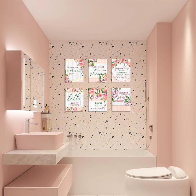 HOURIA 6pcs Framed Watercolor Peaches Bathroom Canvas Wall Art,8 * 10”Lovely Pink Peach Blossom Pictures Wall Decor,Sweet Cheeks Please Seat Yourself Funny Posters for Bathroom