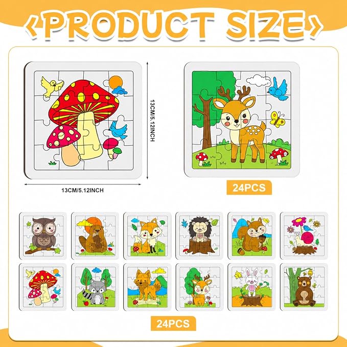 Cinrobiye 24 PCS Woodland Animal Coloring Jigsaw Craft Kit for Kids, DIY Forest Creature Activity Set Bulk with 12 Designs, Wildlife Birthday Party Favors, Classroom Art Projects