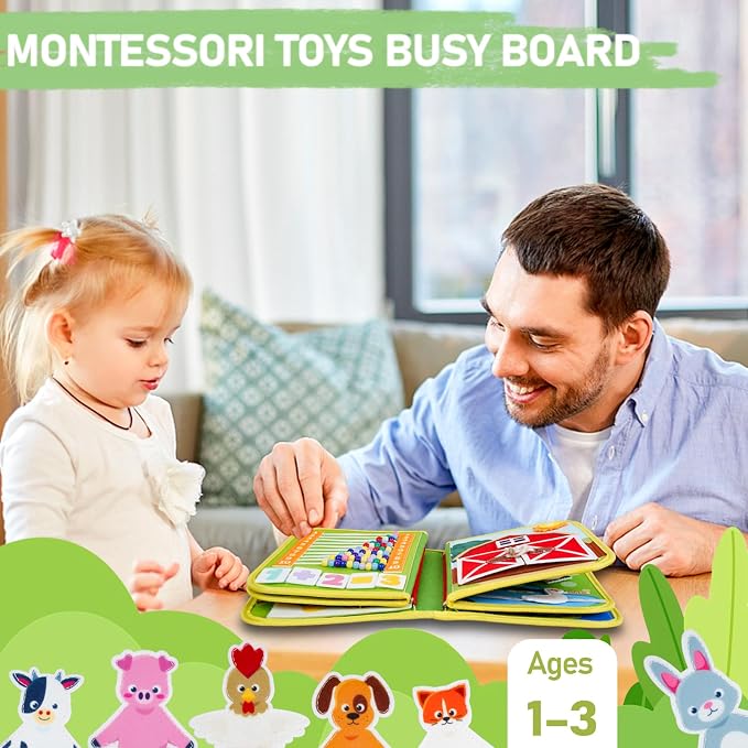 Montessori Busy Book for Toddlers 1-3, 20-in-1 Quiet Book with Bonus Animal Finger Puppets, Sensory Travel Activity Book for Toddlers, Educational Toy for Fine Motor Skills & Early Learning