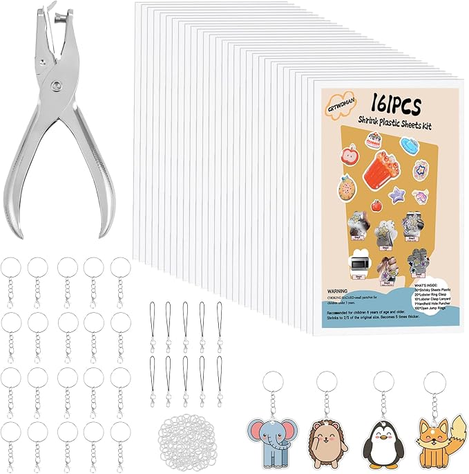 161 Pcs Shrink Paper Keychain Kit,30 Shrink Plastic Sheets for Teens | Includes 7.9 x 5.7 inch sheets,hole punch,lobster clasps and jump rings for coloring,keychains and charms