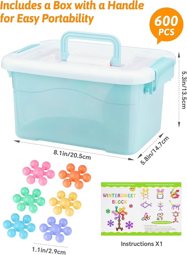600PCS Building Blocks STEM Construction Toy, Macaron Colors | Interlocking Snowflake Discs in BPA-Free Plastic with Storage Case – Boosts Fine Motor Skills & Creative Play