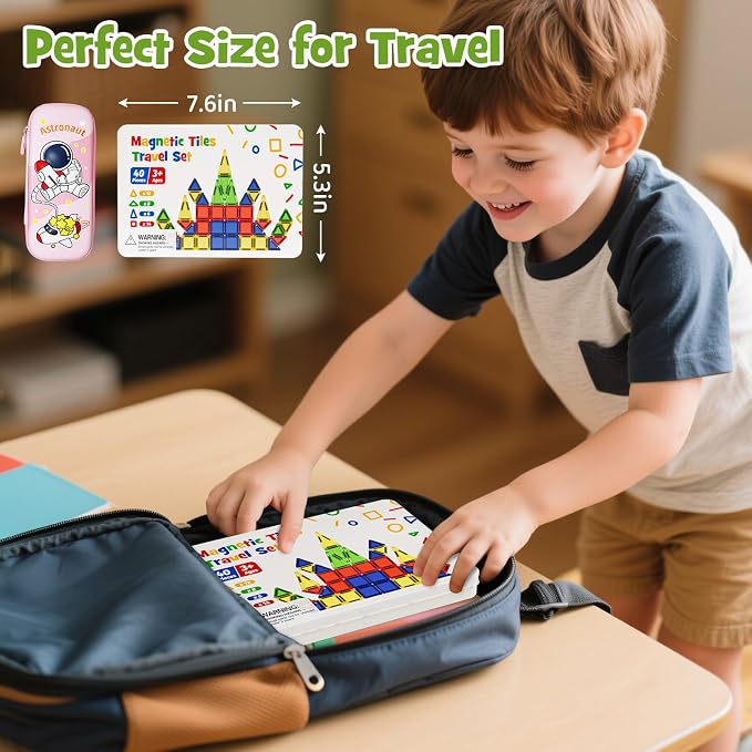 Mini Magnetic Tiles Travel Toys: Airplane Activities for Kids 3-8 | 40pcs Metal Box Play Base & Visual Storage Guide - Road Trip Essentials for Toddlers Quiet Games Portable Sets Must Haves