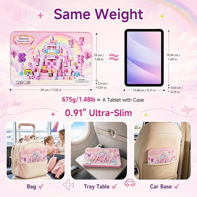 Unicorn Magnetic Cubes for Travel: 100 PCS Castle Princess Playset | Magnet Building Blocks Toys with Tin Storage Case - 60 Min Quiet Car & Airplane Activity Game for Girls Toddlers Ages 3-8