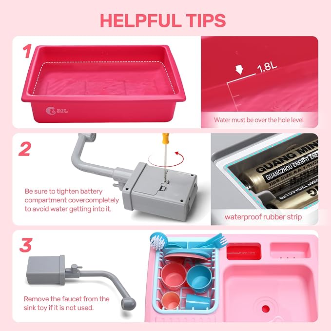 CUTE STONE Color Changing Play Kitchen Sink Toys, Children Electric Dishwasher Playing Toy with Running Water,Upgraded Real Faucet and Play Dishes,Pretend Role Play Toys for Kids Boys Girls