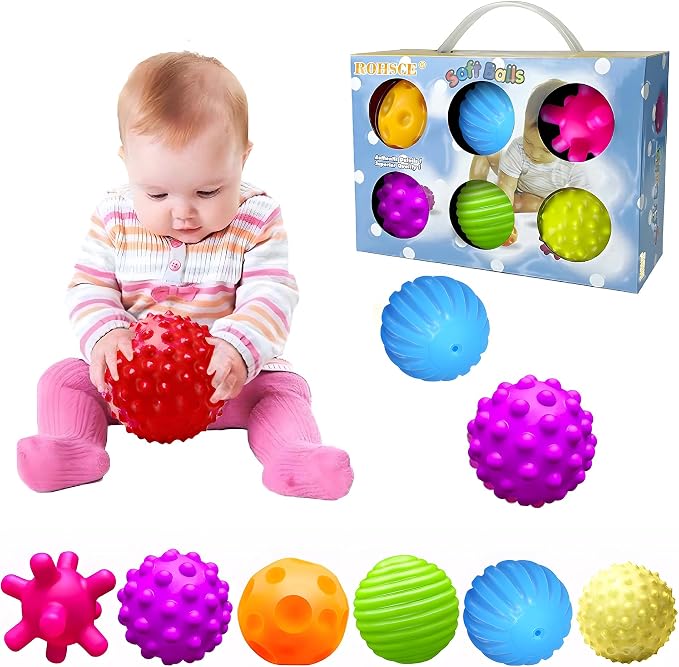 Baby Sensory Balls, 6 Textured Soft Balls for Babies 6-12 Months | 6 Multi-Texture Massage Soft Balls, Bright Colors for Touch, Squeeze and Roll Play, Birthday Gift for Infant 1 Year Old
