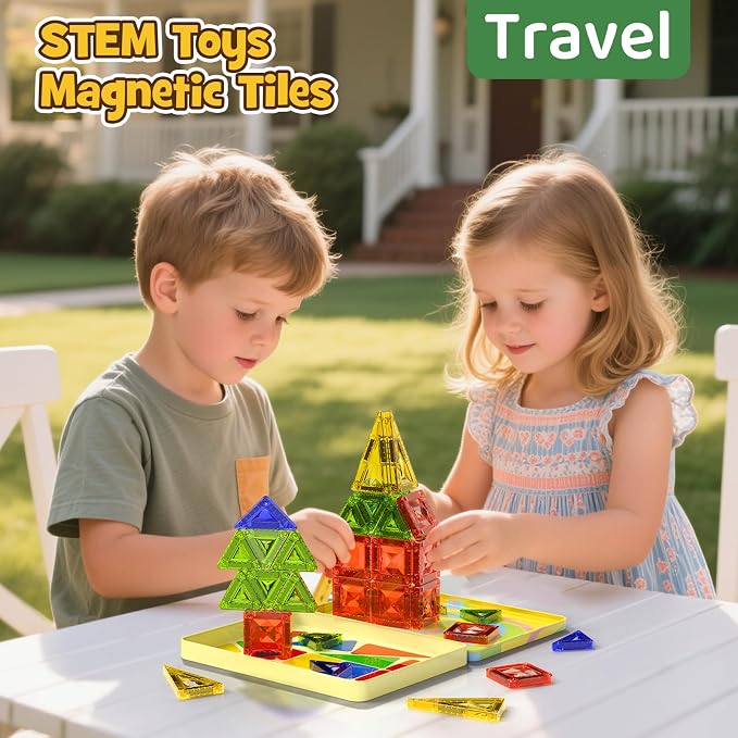 Mini Magnetic Tiles for Kids Travel: 40PCS Portable Building Blocks | Metal Storage Box & Visual Guide for 1-Minute Cleanup - Diamond Sparkle STEM Travel Toys for Toddlers Boys Girls Age 3-8