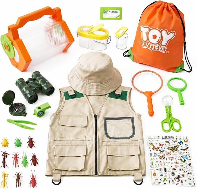 TOY Life Kids Explorer Bug Catcher Kit with Safari Costume, Binoculars Kids Outdoor Toys, Bug Toys, Butterfly Net, Camping Set Outdoor Activities Adventure Kit Nature Exploration Gifts Kid Ages 3-12