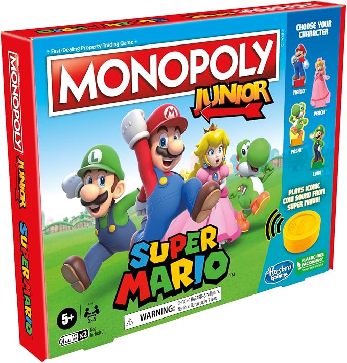 Monopoly Junior Super Mario Edition Board Game, Fun Kids' Ages 5 and Up, Explore The Mushroom Kingdom as Mario, Peach, Yoshi, or Luigi (Amazon Exclusive)