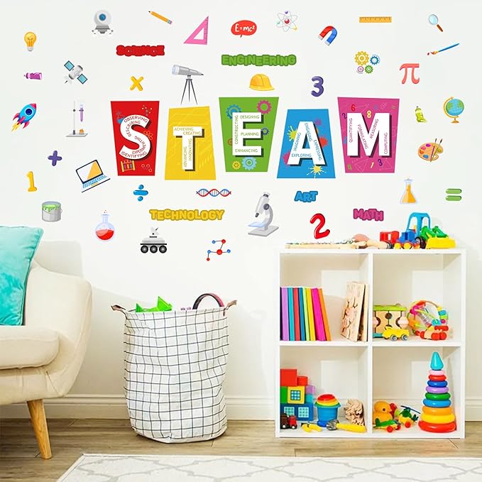 LHIUEM STEAM Educational Wall Stickers 35"×24" Science Tech Engineering Art Math Wall Decal Colorful Classroom Decor Removable Self Adhesive Learning Mural Renter Friendly for Kids Bedroom Playroom